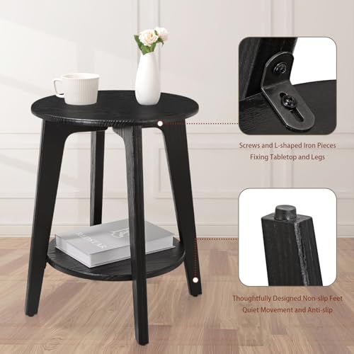 Side End Table Round Black Beside Table Sofa Table Nightstand Modern End Table 2-Tier Small Accent Tables Great for Small Spaces Living Room Bedroom - color: Black
