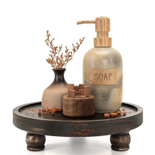 EOSAHR Pine Wood Farmhouse Display Risers for Bathroom Decor - Decorative Tray for Kitchen Counter Decor - Rustic Style Wood Pedestal Stand for Coffee Table (Distressed Black) - color: Distressed Black