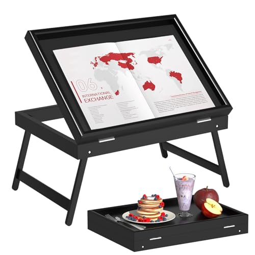 Artmeer Bed Tray Table Breakfast Food Tray with Folding Legs Serving Tray for Laptop Desk, Sofa,Platters,TV,Snack,Eating Tray(Black, Medium) - color: Black, size: 15.4" x 11" x 4.7"