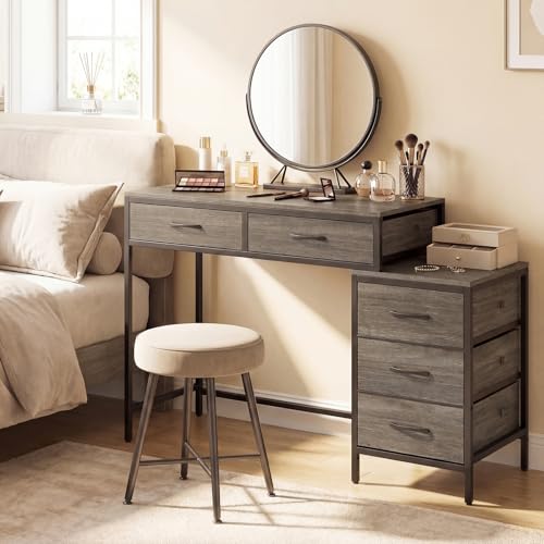 Tangkula Reversible Computer Desk with 5 Drawers, 51-Inch Home Office Desk with Drawers & Printer Stand, Industrial Writing Study Desk, Laptop PC Desk Workstation for Bedroom, Small Spaces (Grey) - color: Grey