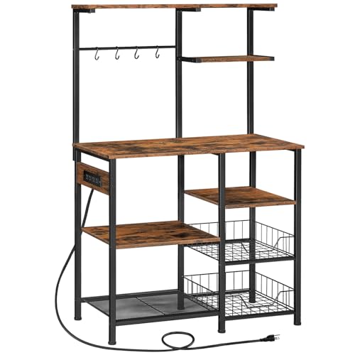 HOOBRO Large Bakers Rack with Power Outlets, 6-Tier Microwave Stand with 4 Hooks, Coffee Bar, Kitchen Shelf with Wire Basket, for Kitchen, Living Room, Office, Rustic Brown and Black BF64UHB01 - color: Rustic Brown + Black