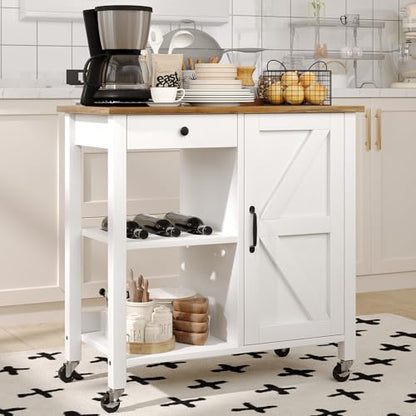 Small Kitchen Island Cart on Wheels with 31.4'' Wood Tabletop, White | Farmhouse Rolling Kitchen Island with Storage, Lockable Wheels, Drawer, Adjustable Shelf and Wine Rack for Dining Room - style: White