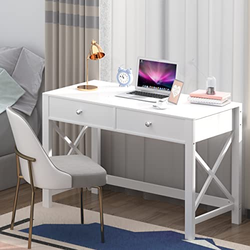 WiberWi Home Office Desk with Drawers, Modern Writing Computer Desk for Bedroom, Small Makeup Vanity Table Study Table for Home Office,White - color: White