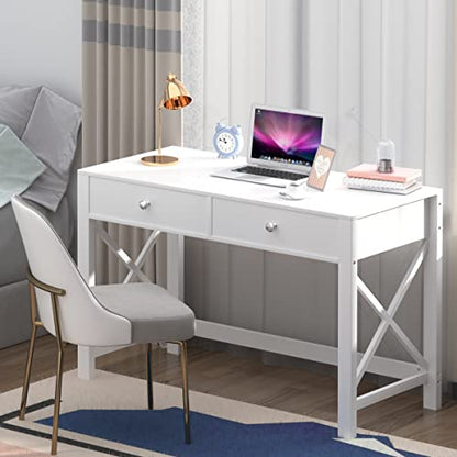 WiberWi Home Office Desk with Drawers, Modern Writing Computer Desk for Bedroom, Small Makeup Vanity Table Study Table for Home Office,White - color: White