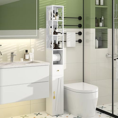 VECELO Narrow Bathroom Storage Cabinet with X-Frame Metal Design, 67" Tall Freestanding Cabinet with Toilet Paper Holder, Slim Tower Cabinet with Magnetic Door & Drawer, for Small Spaces, White - color: Hollow Top