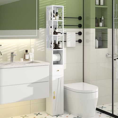VECELO Narrow Bathroom Storage Cabinet with X-Frame Metal Design, 67" Tall Freestanding Cabinet with Toilet Paper Holder, Slim Tower Cabinet with Magnetic Door & Drawer, for Small Spaces, White - color: Hollow Top