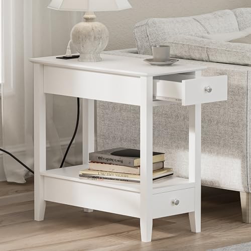 Treocho End Tables Living Room Set of 2 with Charging Station and 2 Drawers | Narrow Side Table with Ample Storage, Sofa Bedside Table for Small Spaces, Living Room, Bedroom, White - color: White