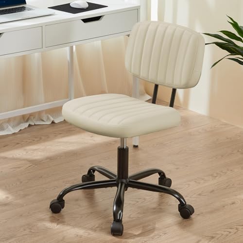 Sweetcrispy Small Office Desk Chair, Armless PU Leather with Comfy Lumbar Support, Height Adjustable Rolling Swivel Task for No Arms, for Adult, Student, Bedroom, Home, Vanity, Beige White - color: Beige