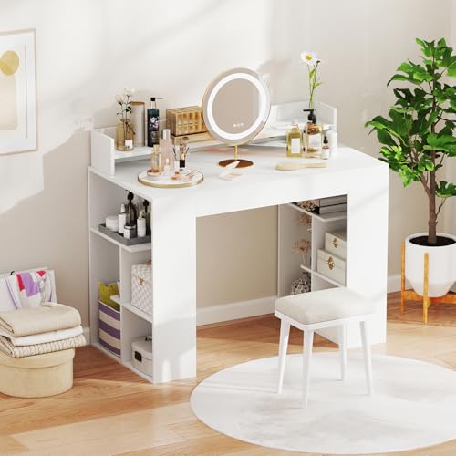 Giantex White Desk with Storage Shelves, 43" Home Office Computer Desk with Charging Station, Dual 3 Tier Bookshelf & Monitor Stand, PC Table Workstation, Modern Study Writing Desk for Bedroom, Dorm