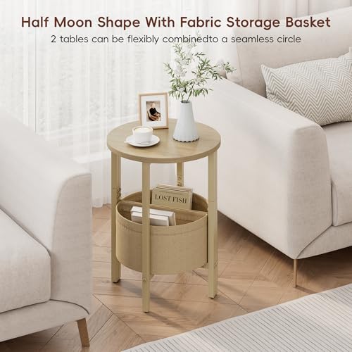 Vagusicc Small Round Side Table End Table, Tall Accent Table with Storage Basket, Set of 2 Half Round Tables Half Moon Tables, Coffee Bedside Tables, Modern Nightstand for Living Room Bedroom,Natural - color: Natural Walnut