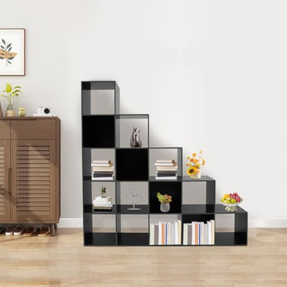 5-Tier Stepped Bookshelf, 15 Cube Storage Organizer Floor Standing Storage Shelf Modern Open Bookshelf for Home and Office (Black) - size: 15 Cube L-Shaped Black