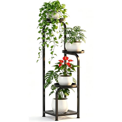 TOSKING 4-Tier Tall Stand, Indoor Outdoor, Anti-Tip, 9.4"x9.4", Black | Corner Metal Stand for Plants, 3 Trays + Slatted Base, Heavy Pots, Child/Pet Friendly, Space Saving for living room, Patio - color: Black, size: 4tier Sq-A