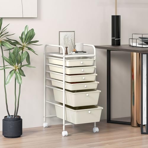 6-Tier Rolling Cart with Drawers, Storage Cart with Universal Wheel & Metal Frame, Multipurpose Mobile Trolley Utility Cart for Small Space Makeup School Office Play Room(White) - color: White, size: 6 Drawers (2 Big +4 Small)