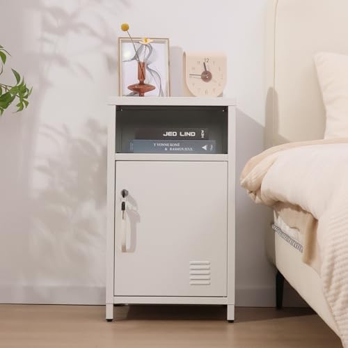 ALBAD Metal Nightstand with Lockable Cabinet | Industrial Bedside Table with Open Shelf, Small Storage Locker Side Table for Bedroom, Living Room, Dorm and Office, White - color: White, size: 26"H-Lockable Door
