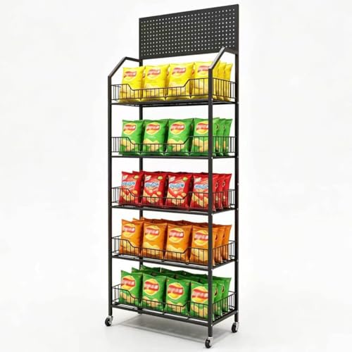 5 Tier Supermaket Snack Rack Display Stand, Retail Display Shelves with Hooks & Wheels, Metal Snack Shelf for Store Home Kitchen, Black Chip Rack Display Stand (5 Tier（60cm）) - size: 5 Tier（23.6inch）