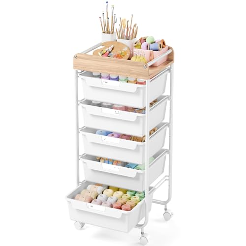 SYKIARIOL Rolling Cart with 5 Drawers,Art Craft Cart,White | Storage Utility Cart with Wheels,Makeup Organizer With Wooden Tabletop - color: White, size: 5-Drawers