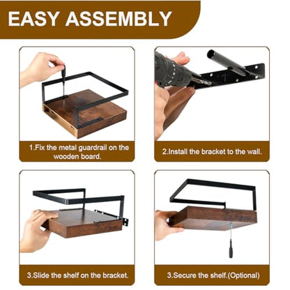 ARTORA Wall Mounted Plant Holder, Wooden Floating Shelf with Invisible Bracket Wall Mount Wood Rack Small Decorative Display Shelves with Gaurdrail for Bedroom Living Room Bathroom (Brown, 1 Pack)