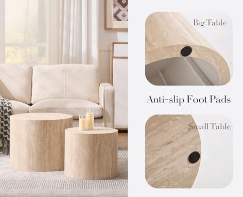 EALSON Nesting Coffee Tables Set of 2 Farmhouse Small Round End Tables Modern Circle Side Table Drum Table for Living Room/Small Spaces/Bedroom/Balcony, No Assembly, Travertine - color: Travertine