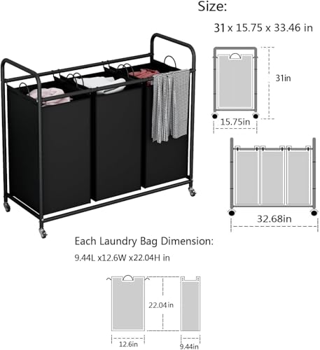 LINZINAR 3 Section Laundry Hamper, Black Laundry Basket 135L Laundry Sorter | Laundry Room Organization with Heavy Duty Rolling Lockable Wheels and Removable Bag, Bedroom Laundry Cart for Clothes Storage - size: 3 Bags Black