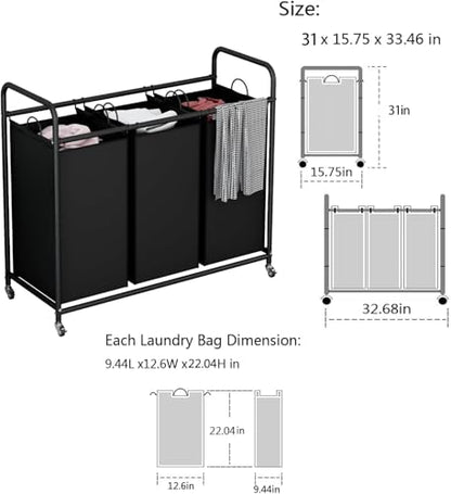 LINZINAR 3 Section Laundry Hamper, Black Laundry Basket 135L Laundry Sorter | Laundry Room Organization with Heavy Duty Rolling Lockable Wheels and Removable Bag, Bedroom Laundry Cart for Clothes Storage - size: 3 Bags Black