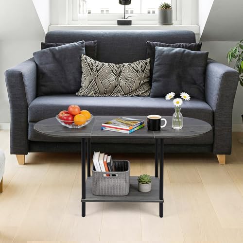 Small Coffee Table,35.4'' Oval Coffee Table with Storage Shelf & Metal Frame,Low Cocktail Tea Accent Table for Apartment,Modern Mid Century Small Living Room Table,Dark Gray - color: Dark Gray
