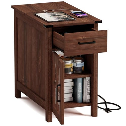 Farmhouse End Table with Charging Station, Narrow Side Table for Living Room, Sofa Side Table with Drawer and Storage Cabinet, Small Nightstand for Bedroom, Home Office - color: Cherry