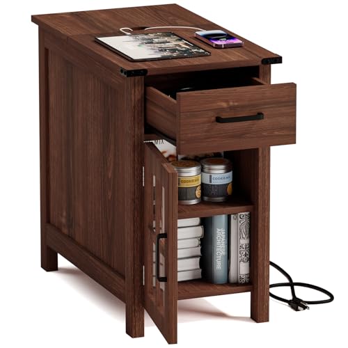 Farmhouse End Table with Charging Station, Narrow Side Table for Living Room, Sofa Side Table with Drawer and Storage Cabinet, Small Nightstand for Bedroom, Home Office - color: Cherry