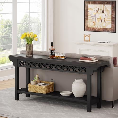 Tribesigns 70.8-Inch Solid Wood Long Console Table, Farmhouse Entryway Table with Storage, Narrow Sofa Table Grey Couch Table for Living Room Entryway Hallway (Black) - color: Black