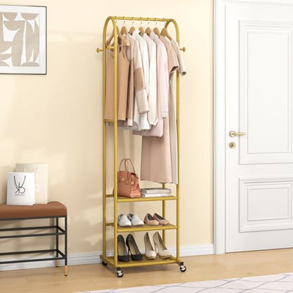 Kaitiemoo Heavy Duty Clothing Rack With Wheels,Modern Garment Rack With 3 Metal Shelves, 71.8Inches Display Rack For Hanging Clothes, Hanging Rod For Small Space,Gold - color: Gold
