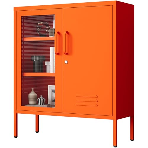 Orange Lockable Glass & Metal Door Storage Cabinet, 3-Tier Freestanding Locker Organizer with 2 Adjustable Shelves, Multipurpose Unit for Home, Entryway, Hallway, 33" H x 29.5" W x 13.8" D - color: Sunlight, style: Cabinet-33"H-KS