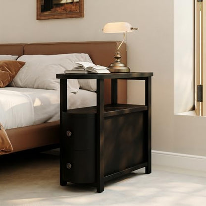 LITTLE TREE Solid Wood End Table with 2 Drawers & Open Shelf, No Assembly Required Side Table for Living Room, Black Couch Side Tables, Slim Bedside Table Nightstand for Bedroom - color: Black