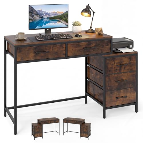Giantex Reversible Computer Desk with 5 Drawers, Home Office Desk with Printer Stand, Corner Study Writing Table for Small Spaces, Workstation for Bedroom, PC Vanity Desk with Storage (Rustic Brown) - color: Rustic Brown