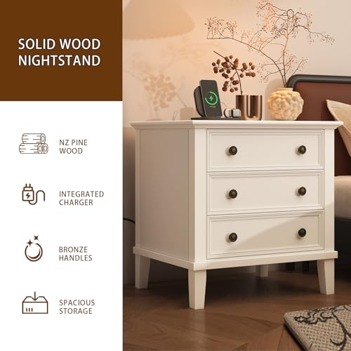 IKENO Solid Wood Nightstand with 3 Drawers, Tall Leg Bedside Table with Charging Station, Farmhouse Night Stand with Wood Slide Rail, Anti-Scratch Foot Pads for Bedroom，White - color: White