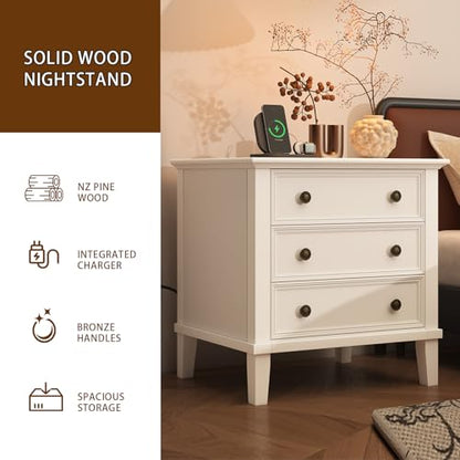 IKENO Solid Wood Nightstand with 3 Drawers, Tall Leg Bedside Table with Charging Station, Farmhouse Night Stand with Wood Slide Rail, Anti-Scratch Foot Pads for Bedroom，White - color: White