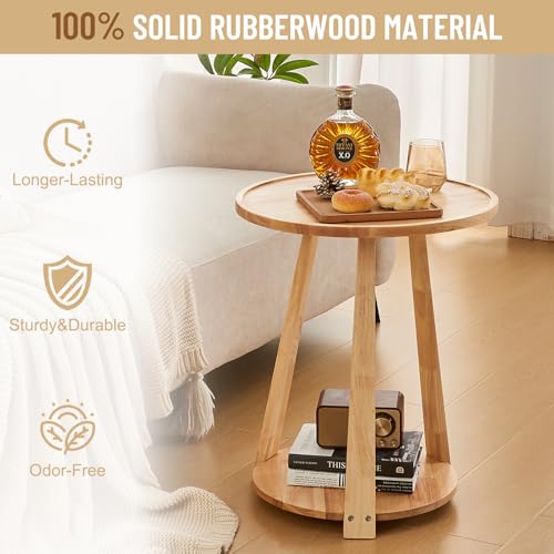 Uniclinens Wood Round End Table - Small Round Side Table with Lower Shelf for Living Room Sofa Couch, Bedroom Wooden Nightstand, Walnut - color: Natural, style: Style 7