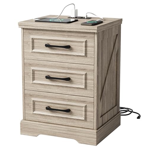 Farmhouse Nightstand with Charging Station, Woodgrain Gray Wood Chest 3 Drawer Storage Bedside Table, Night Stand with Type C, USB Ports and Outlets for Bedroom, Living Room - color: Grey
