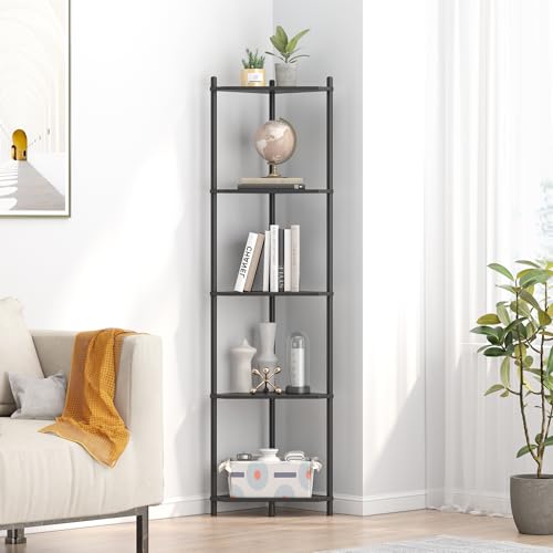 Wisuce Black Tall Corner Shelf Stand, 5-Tier Bamboo Corner Bookshelf | Space-Saving Narrow Corner Shelf | Bathroom Corner Shelf | Shelves for Bedroom, Living Room, Kitchen & Plant Display - color: Black, size: 5 Tier