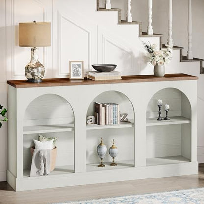 Tribesigns Farmhouse Console Table, 63-Inch Long Entryway Table with 3 Tier Storage, Wooden Rectangular Sofa Table Behind The Couch for Entrance, Hallway, Living Room, Off-White and Brown - color: Off-white and Brown