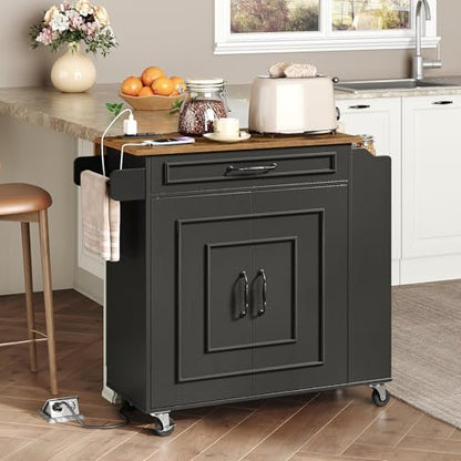 RALGEND Kitchen Island with Power Outlets & Drop Leaf, Rolling Kitchen Cart on Wheels, Kitchen Storage Island with Spice Rack and Drawer for Kitchen, Dinning Room, Black and Rustic Brown - color: Black + Rustic Brown