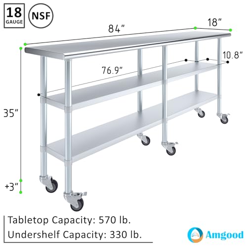 AmGood Stainless Steel Work Table with 2 Shelves and Casters | Metal Utility Table On Wheels (Stainless Steel Work Table with 2 Shelves + Casters, 84" Long x 18" Deep) - size: 84" Long x 18" Deep