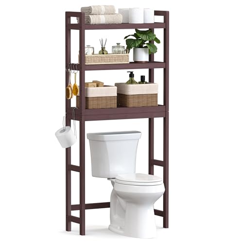 SONGMICS Over The Toilet Storage, 3-Tier Over Toilet Bathroom Organizer with Adjustable Shelf, 10.2 x 24.8 x 66.9 Inches, Space-Saving, Brown UBTS01BR - color: Brown, size: 3 Tiers (66.9"H)