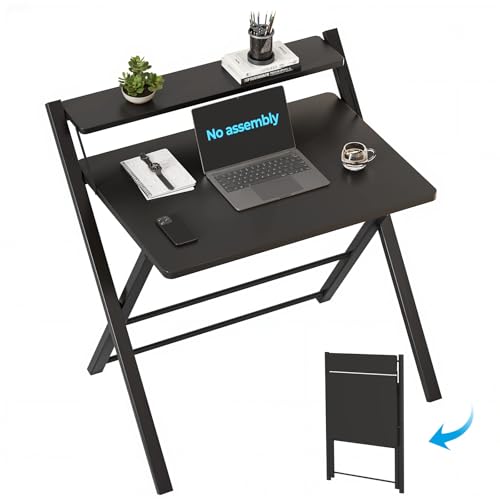 GreenForest Folding Desk No Assembly, Sturdy Computer Desk for Small Spaces | Portable Foldable Table for Laptop, 2-Tier Compact with Shelf, Space Saving for Home Office, Dorm, Apartment 24.5"x 30" Black - color: Black, size: 24.5 x 30 inch