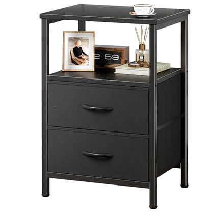 Huuger Night Stand with 2 Drawers, Bed Side Table with Open Shelf, Wooden Top, Nightstand for Bedroom, End Table for Small Space, Fabric Drawer, Black - color: Black
