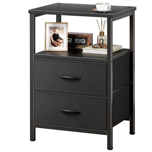 Huuger Night Stand with 2 Drawers, Bed Side Table with Open Shelf, Wooden Top, Nightstand for Bedroom, End Table for Small Space, Fabric Drawer, Black - color: Black