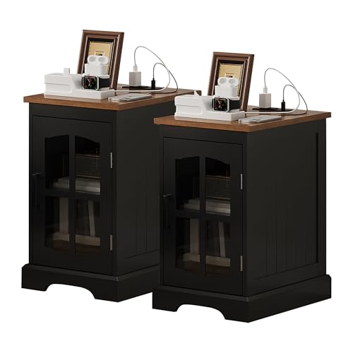 ChooChoo Farmhouse End Table Set of 2 with Charging Station, Nightstand with Adjustable Shelf and Glass Door, Black Side Table for Living Room, Bedroom - color: Black