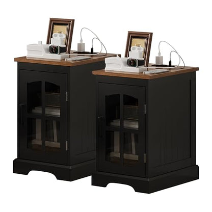ChooChoo Farmhouse End Table Set of 2 with Charging Station, Nightstand with Adjustable Shelf and Glass Door, Black Side Table for Living Room, Bedroom - color: Black
