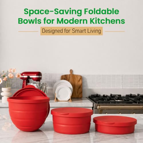 3 Pack Silicone Bowl Liner Set with Lids – 5QT Foldable Mixing Bowl Inserts for Stand Mixers, Dishwasher & Microwave Safe, Reusable Non-Stick Baking & Cooking Accessories