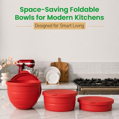 3 Pack Silicone Bowl Liner Set with Lids – 5QT Foldable Mixing Bowl Inserts for Stand Mixers, Dishwasher & Microwave Safe, Reusable Non-Stick Baking & Cooking Accessories