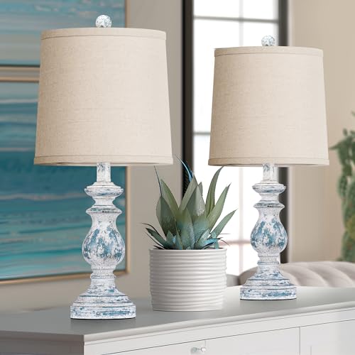 PARTPHONER Traditional Table Lamp Set of 2, Rustic Farmhouse Table Lamps for Living Room Bedroom, 22" Bedside Desk Lamps Vintage Nightstand Lamps with Linen Shades, Washed Blue - color: Washed Blue