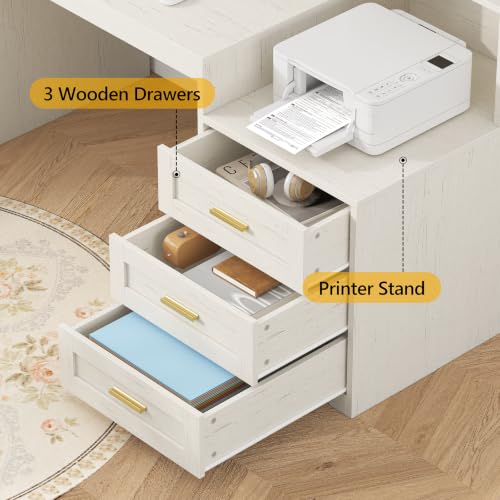 TVU 65" White Computer Desk with Drawers and Printer Stand for Home Office | Office Desk with Power Outlets and Storage Cabinet, Study Writing Desks with Long Monitor Stand - color: White